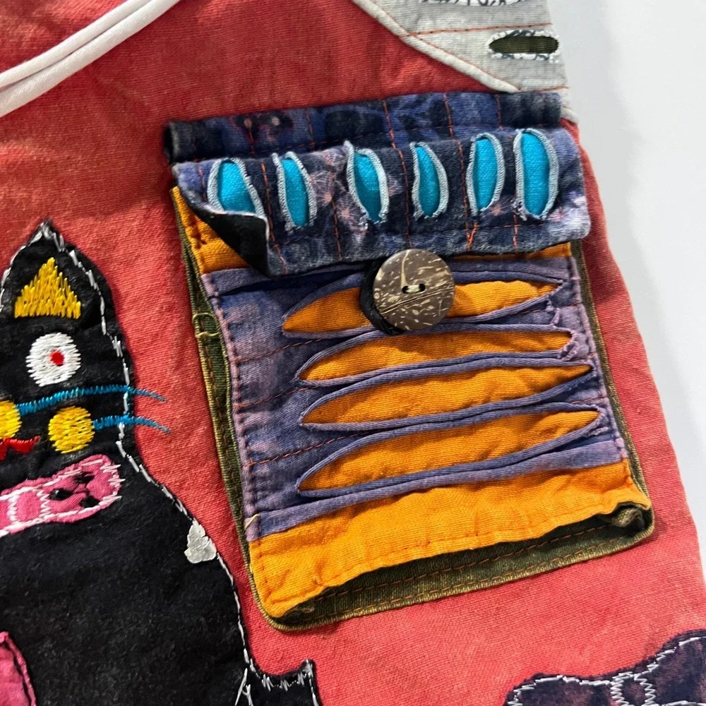 Cotton Made in Nepal Boho Distressed Cat Purse Bag Embroidered Applique‎ Details